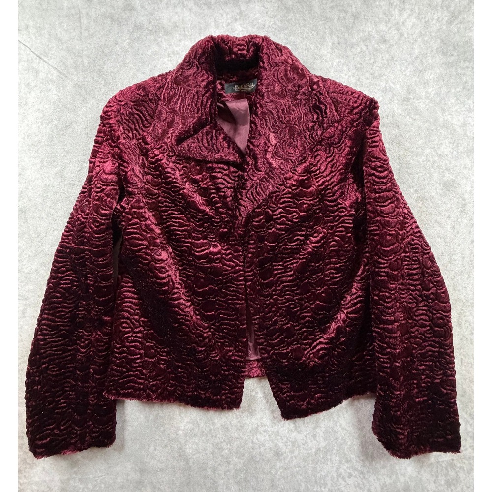 Peck and Peck Womens Size 4 Jacket Velvet Burgundy Open Front Collared Lined